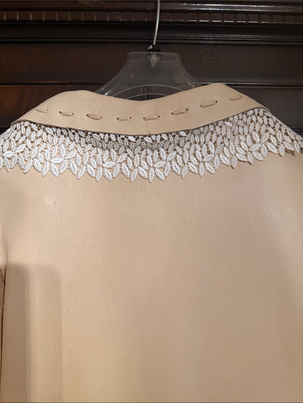 Fringed Beige Longline Leather Jacket with Embellished Shoulders - Picture 7 of 8
